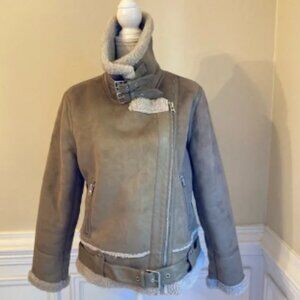 ZARA Tan Faux Suede Leather Sherpa Aviator Moto Jacket